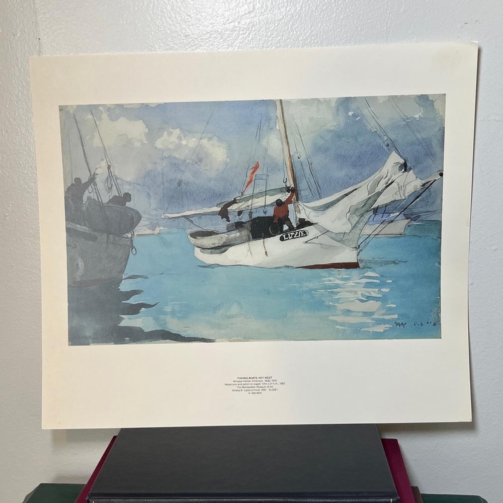 Winslow Homer Fishing Boats Key West Watercolor & Pencil Print Vintage 1989